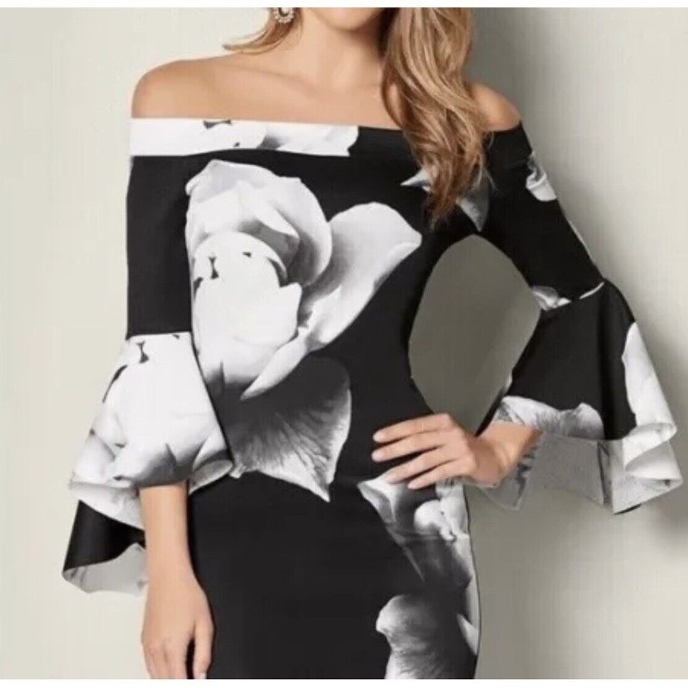 Venus Floral Bell-Sleeve Off-Shoulder Scuba Bodycon Mini Dress - Picture 2 of 14